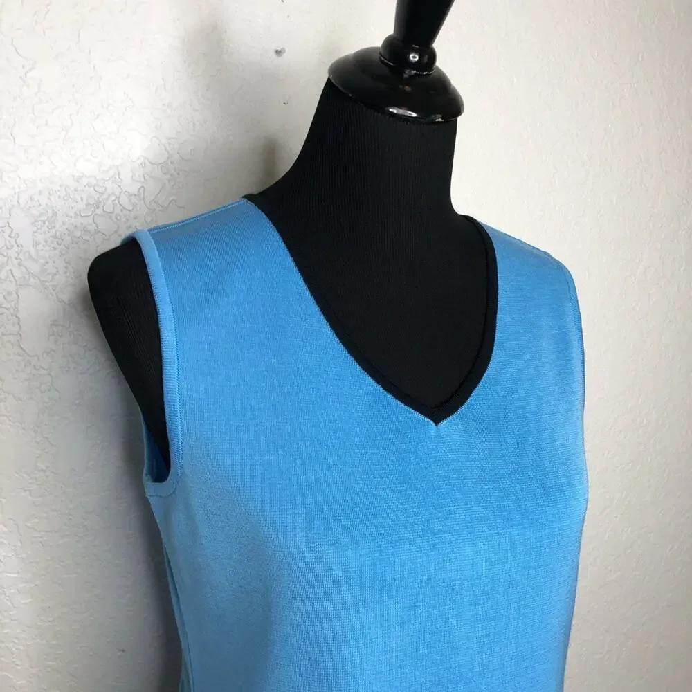 Ming Wang blue black trim v neck sleeveless knit shell top size Small
